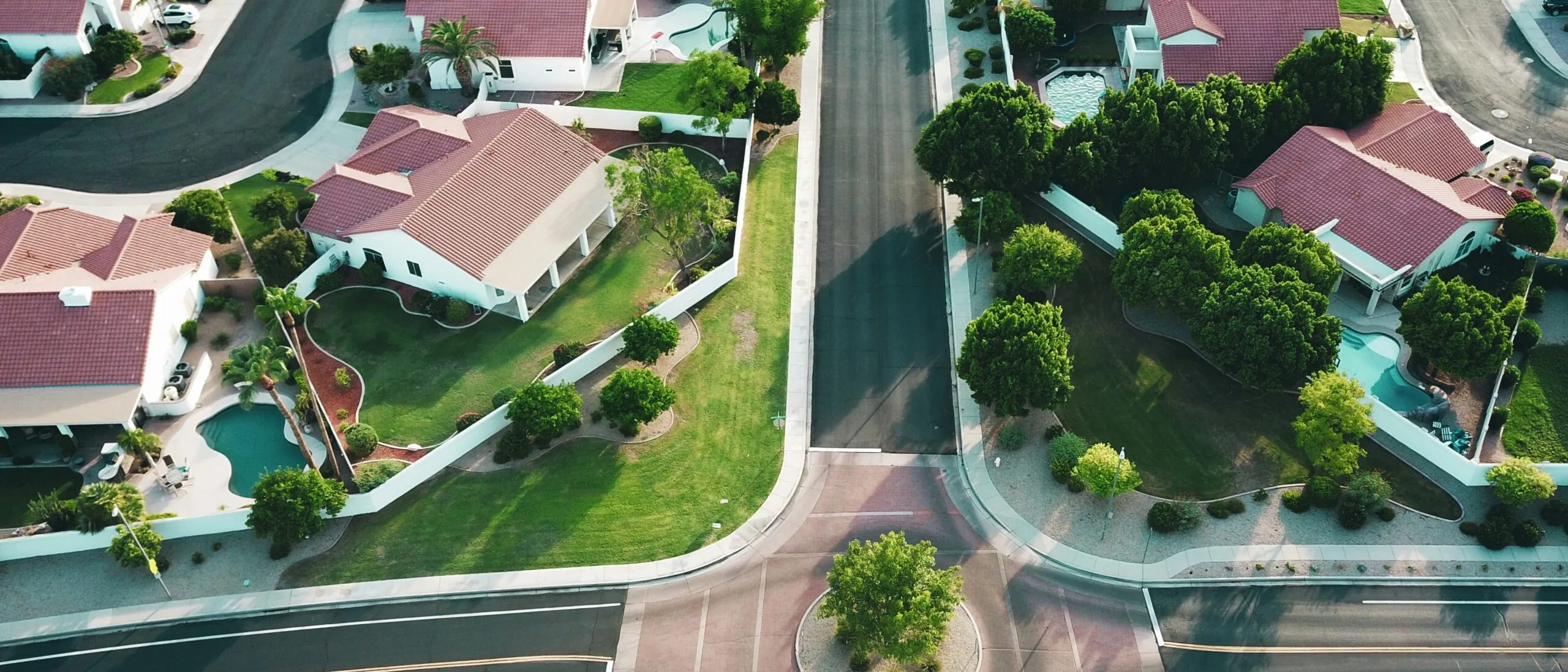 Aerial view of a residential neighbourhood of single-family homes