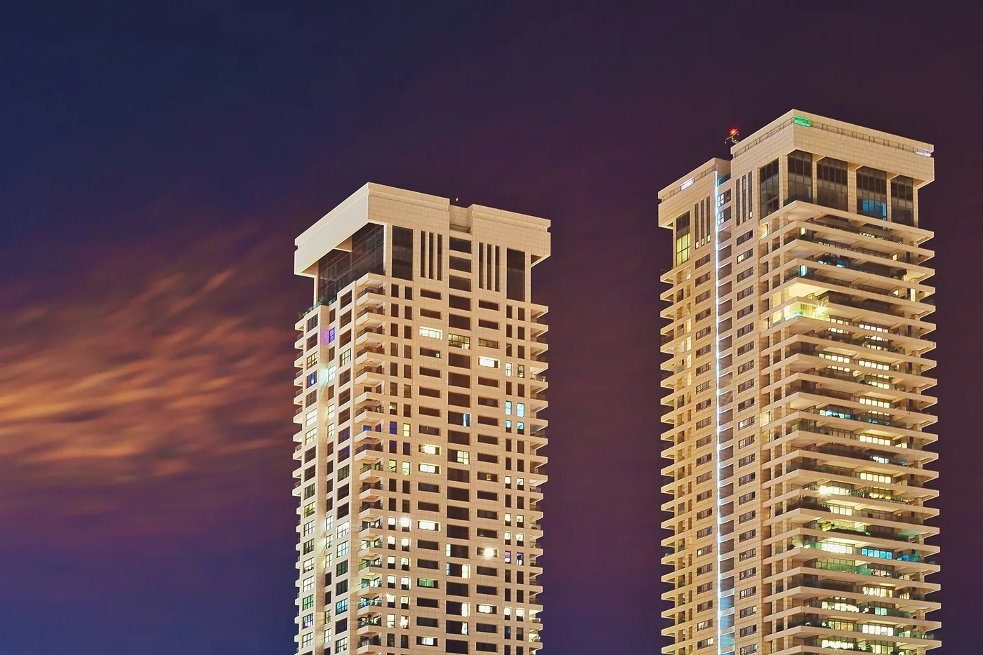Commercial high-rise buildings at sunset