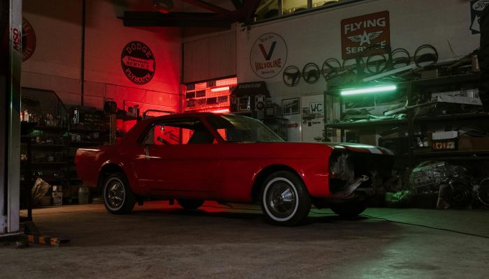 classic ford mustang in a garage